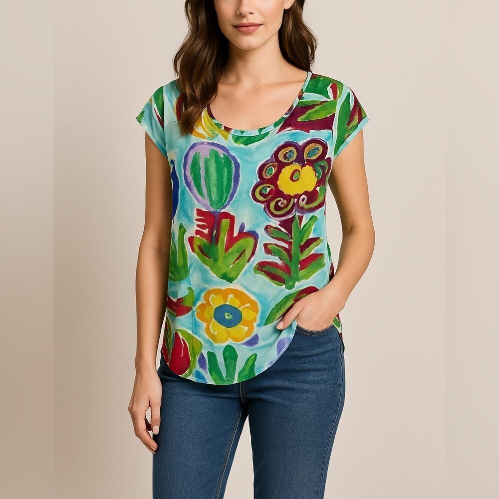 Jams World XS Floral Art Print Rayon Scoop Neck Top Made in Hawaii